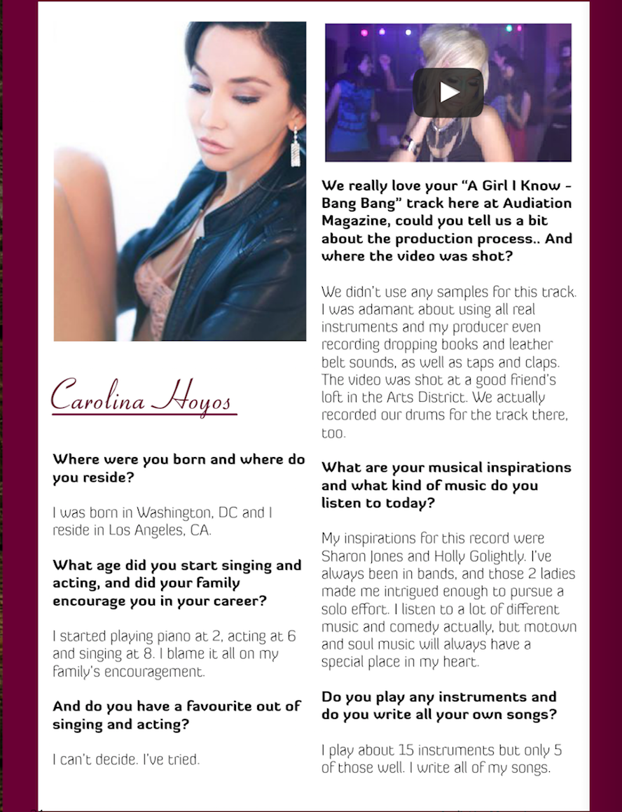Singer Songwriter Actress A Girl I Know | Carolina Hoyos in Audiation Magazine