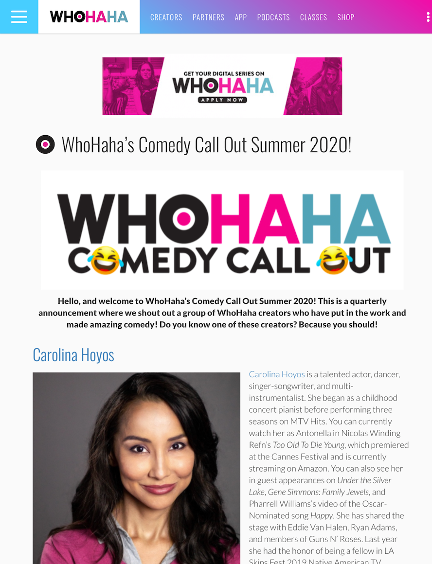 Singer Songwriter Actress A Girl I Know | Carolina Hoyos mentioned in inaugural WhoHaHa Comedy Call Out